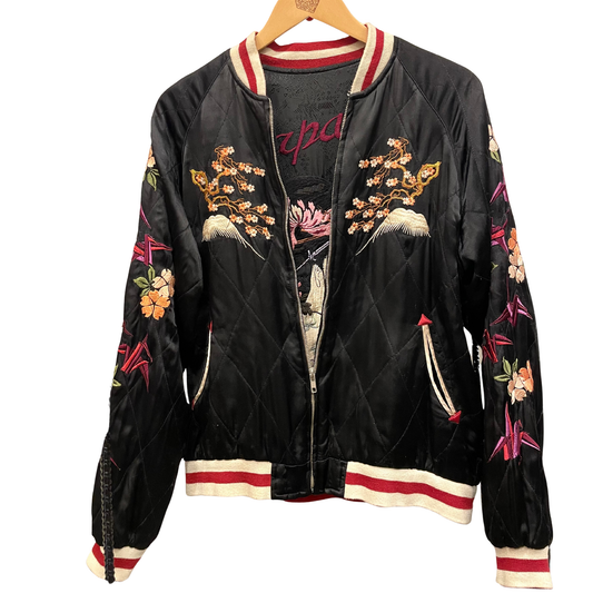 Vintage / Mt.Fuji, plein lune, grue, cerisier, pin, Oiran, pivoine