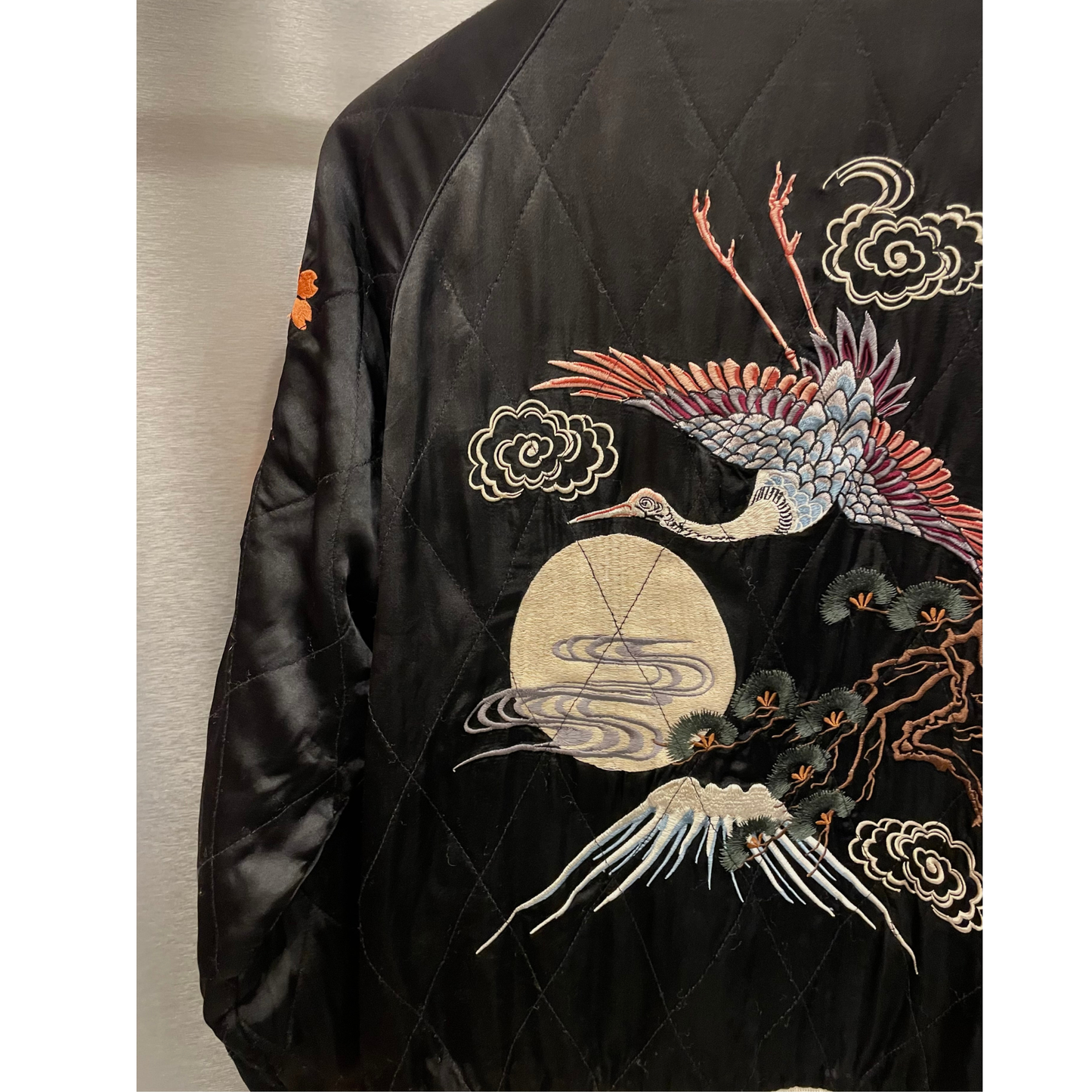 Vintage / Mt.Fuji, plein lune, grue, cerisier, pin, Oiran, pivoine