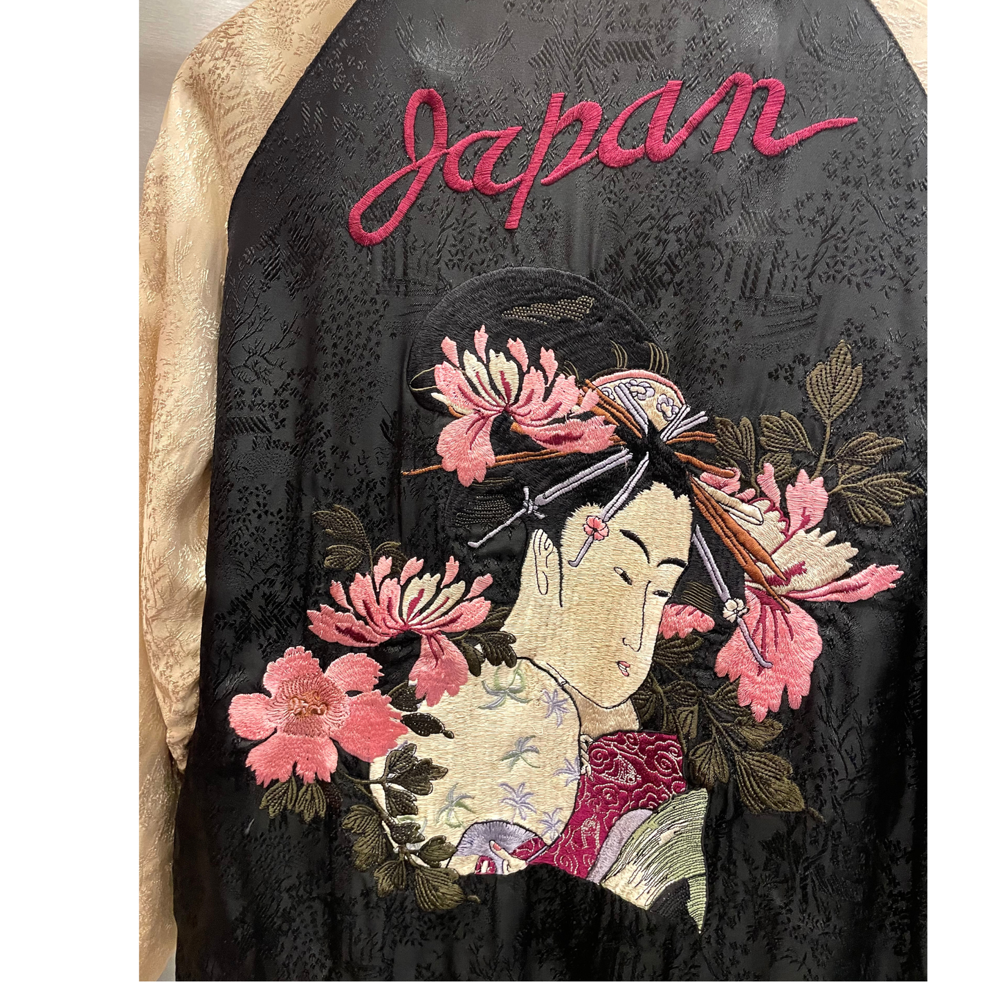 Vintage / Mt.Fuji, plein lune, grue, cerisier, pin, Oiran, pivoine